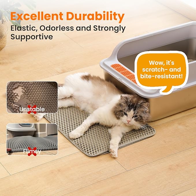 Small Cat Litter Mat, 20x14’’ Double Layer Honeycomb Cat Litter Box Mat, Non Slip Waterproof Urine Proof Litter Trapping Mat for Floor, Kitty Litter Pad, Indoor Pet Supplies, Beige