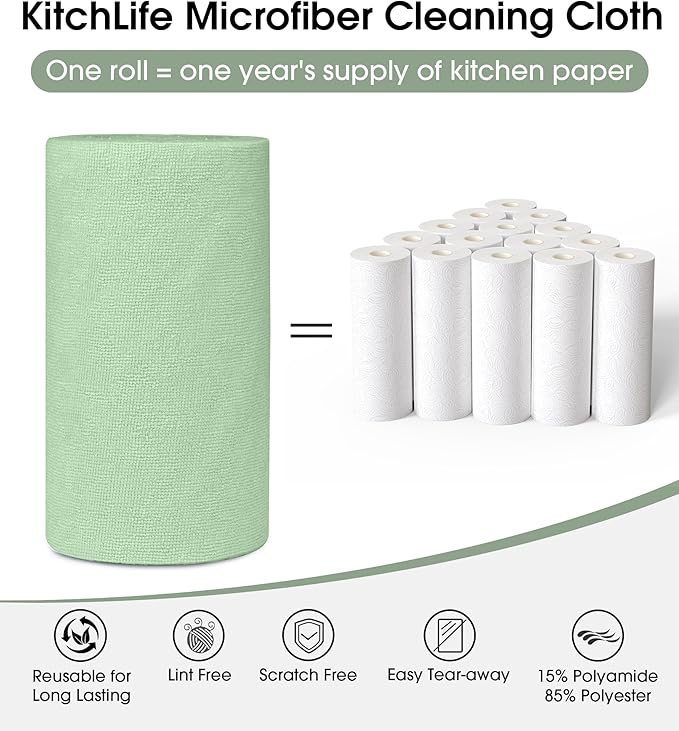 KitchLife Microfiber Cleaning Cloth Roll, 100 Pack - Tear-Away Microfiber Paper Towels, Lint-Free, Reusable, Washable for Kitchen, Car, Dishes, and Sensitive Surfaces (Bean Green)