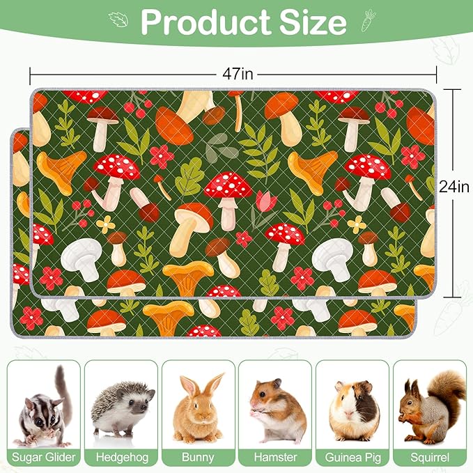 Bienbee Guinea Pig Bedding, 2 Pack 47" x 24" Reusable Guinea Pig Cage Liner Waterproof and Absorbent Small Animal Bedding Washable Guinea Pig Pee Pads for Small Pet Hamster Rabbit Squirrel, Mushroom