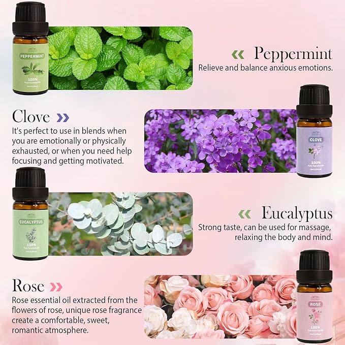 Aromatherapy Essential Oils Set, Pure Essential Oils for Diffusers for Home Care, Skin, Candle Making 8pcs -Peppermint, Lavender, Eucalyptus, Tea Tree, Rose, Rosemary, Clove, Orange 10 ML