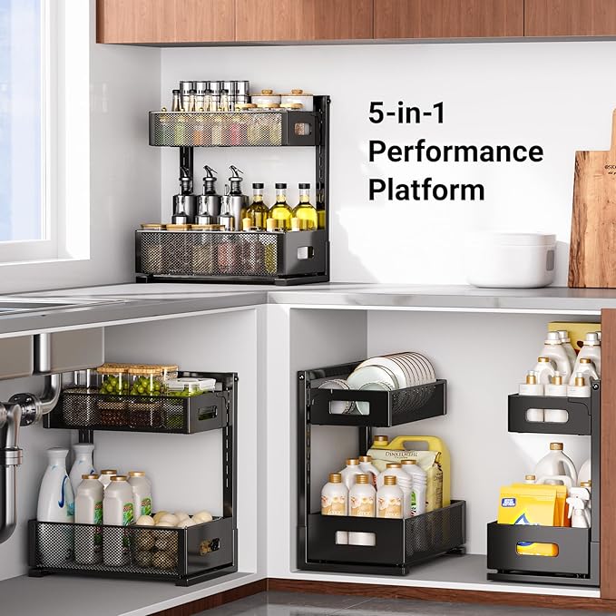 Under Sink Organizer, Metal Under Sink Organizers and Storage, Slide Out Pull Out Cabinet Organizer for Kitchen, Bathroom, Pantry, Laundry, Study, Black