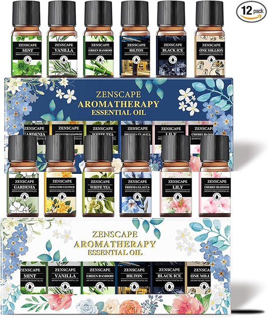 Home Diffuser Essential Oils: 12-Piece 10ml Set with Freesia, Vanilla, Peppermint, Kid/Pet Safe