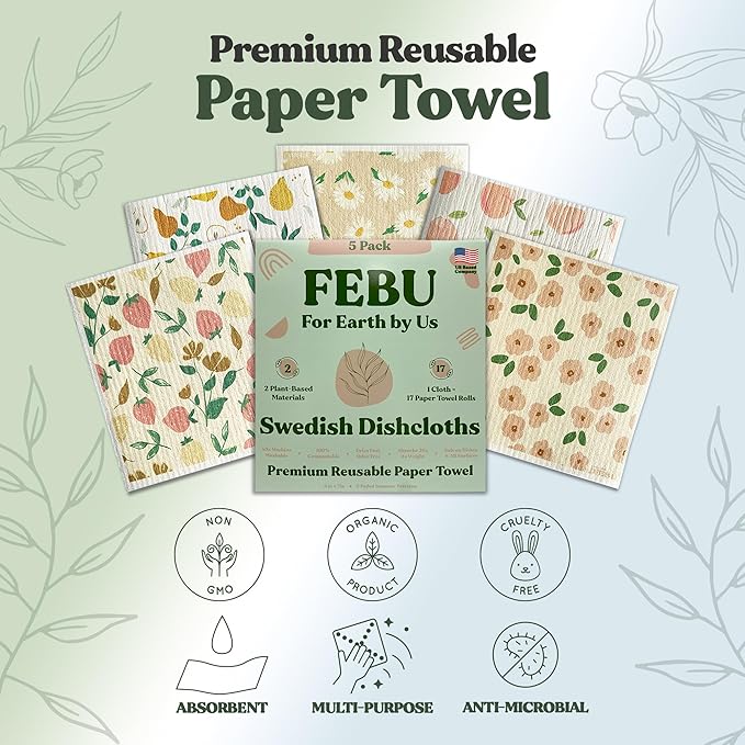 FEBU Swedish Dishcloths for Kitchen | 5 Pack Faded Summer Reusable Paper Towels Washable | Swedish Dish Towels | Non-Scratch Cellulose Sponge Cloths | No Odor, Biodegradable Cleaning Cloths
