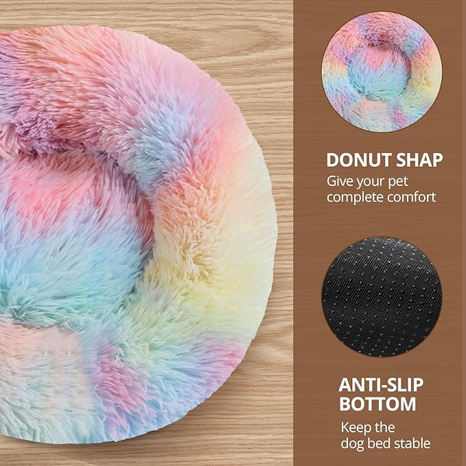 JOLLYVOGUE Small Dog & Cat Beds for Indoor Cats, Donut Cuddler Warming Soft Dog Beds with Anti-Slip Bottom, Round Calming Fluffy Plush Faux Fur Cushion Bed for Medium Dogs (31", Rainbow)