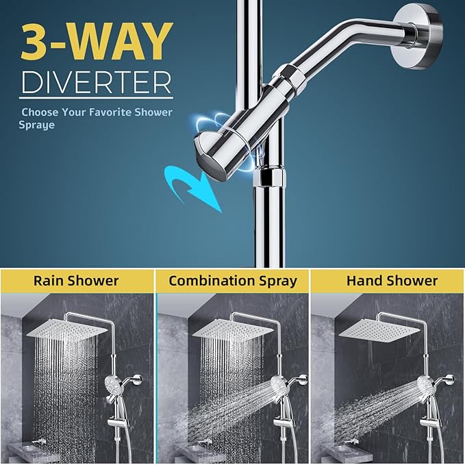 12 Inch Rain Shower Head with 8-Setting Handheld Spray Combo, Metal Height Adjustable Shower Arm, Slide Bar with Holder, Stainless Steel Hose, Chrome