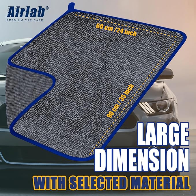 Airlab Microfiber Towels for Cars Wash Drying Extra Large Super Absorbent Cleaning Cloth Auto Detailing Ultra Soft, Lint-Free, Streak-Free, 35 x 24 Inch, Pack of 1, Grey-Blue, 600 GSM