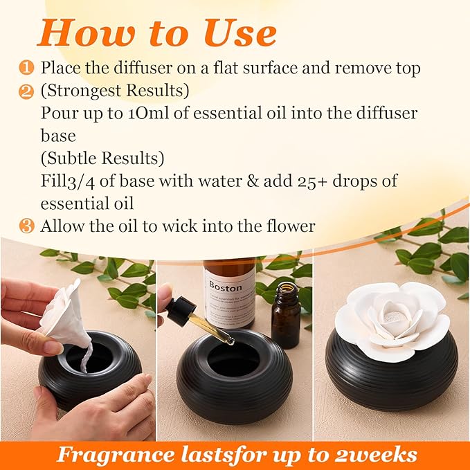 Honeydak 2 Pcs Flower Passive Essential Oil Diffuser Stone White Ceramic Porcelain Floral Diffuser with Container Non Electric Handmade Decorative Tabletops Home Decoration Christmas (Rose)