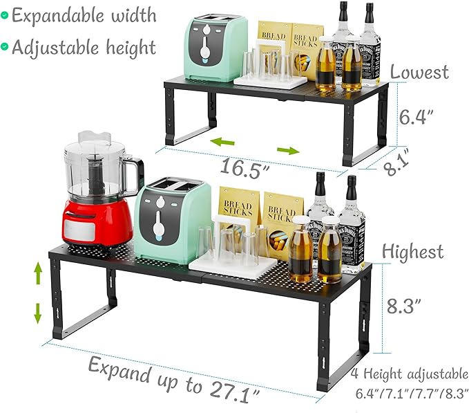 Adjustable Expanable Stackable Spice Rack Shelf Pantry Storage Organizer for Kitchen Cabinet,Countertop,Bathroom and More.Space is no Longer Limited(1Pack/Black/Medium)