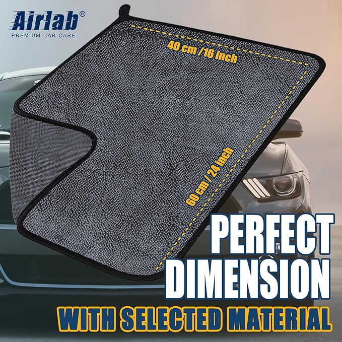 Airlab Microfiber Towels for Cars Wash Drying Super Absorbent Cleaning Cloth Auto Detailing Ultra Soft, Lint-Free, Streak-Free, 24 x 16 Inch, Pack of 2, Grey-Black, 600 GSM