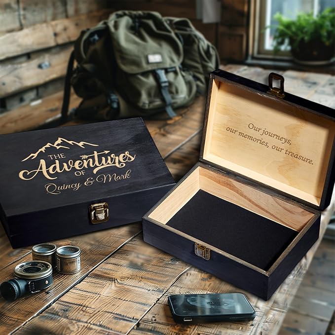 Personalized Wooden Keepsake Box Custom Engraved Adventure Memory Box for Couples Travel Souvenirs Photos Letters - Storage Memento Boxes for Wedding Gifts Newlyweds Anniversary Valentine's Day Gift