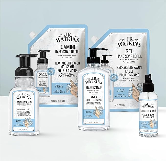 J.R. Watkins Foaming Hand Soap Refill, Moisturizing Foam Hand Wash, Formulated with Plant-Based Cleansers, Alcohol-Free, Cruelty-Free, Ocean Breeze, 28 fl oz, 2 Pack