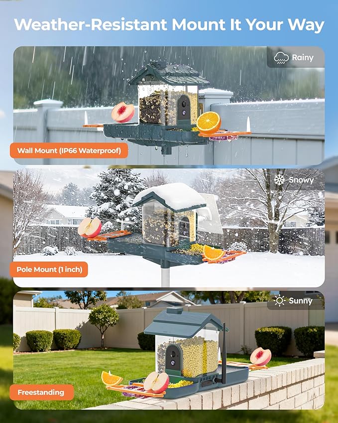 2-in-1 Bird Bath and Bird Feeder with Cameras Solar Powered 2K Dual Cameras Birds Feeder and Bath for Outside Yard Garden, Gift for Dad Mom Kids (Deep Blue + Orange)