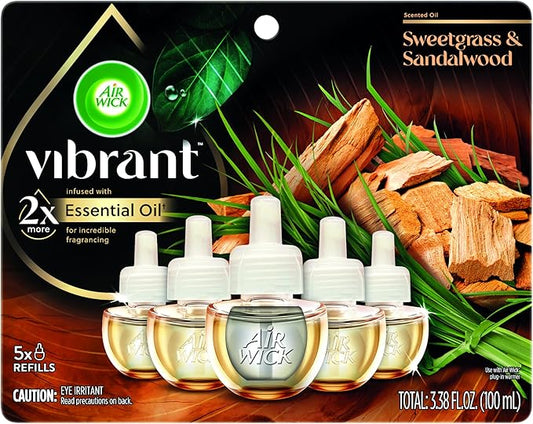 Air Wick Plug In Scented Oil Refills, Sweetgrass + Sandalwood, Air Fresheners for Home Long Lasting, Room Fresheners,Air Freshener Plug In, Essential Oils, Home Essentials for Small&Large Spaces,5 ct