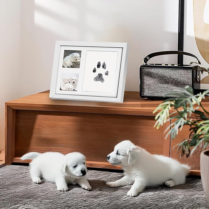 Paw Print Kit for Dogs & Cats, Pet Paw Impression Gift Set with 2 Inkless Pads and Reversible Stand/Wall-Mount Frame (White)