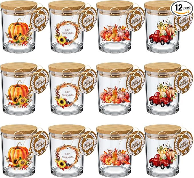 12 Pack Thanksgiving Pumpkins Clear Candle Jars for Making Candles 7 oz Empty Glass Jars with Wood Lids and Blessing Card Harvest Candle Containers for DIY Gifts Home Tea Party Holiday Decor