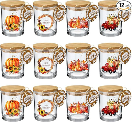 12 Pack Thanksgiving Pumpkins Clear Candle Jars for Making Candles 7 oz Empty Glass Jars with Wood Lids and Blessing Card Harvest Candle Containers for DIY Gifts Home Tea Party Holiday Decor