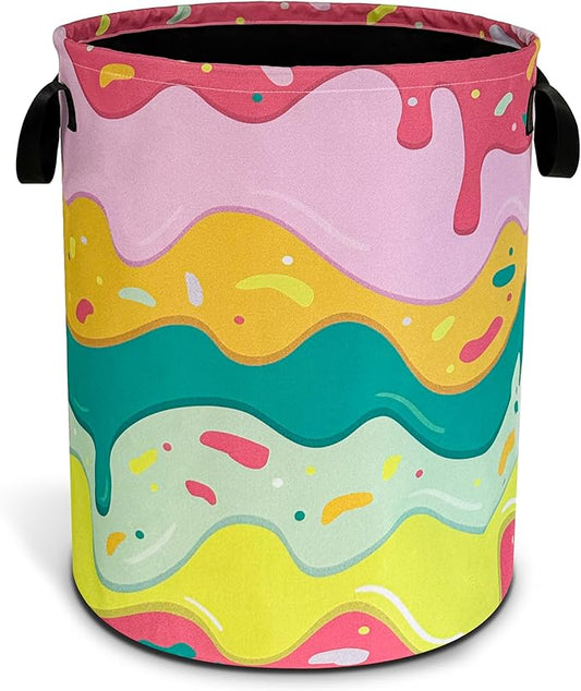 Ice Cream Laundry Basket Desserts Cartoon Pattern Foldable Oxford Cloth Funny Tote Bag Laundry Hamper Clothes Storage Bucket Toy Organizer For Bathroom/Laundry Storage/Bedroom18.9x16.5 In