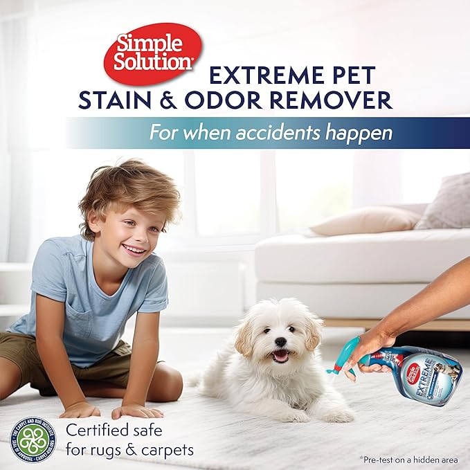 Simple Solution Extreme Pet Stain and Odor Eliminator, Enzyme Dog Urine Odor Neutralizer, Pet Carpet Stain Remover, Strong Pet Spray for Pee Cleaner Spot Treatment, Rug Deodorizer, 1 Gallon + 32 oz