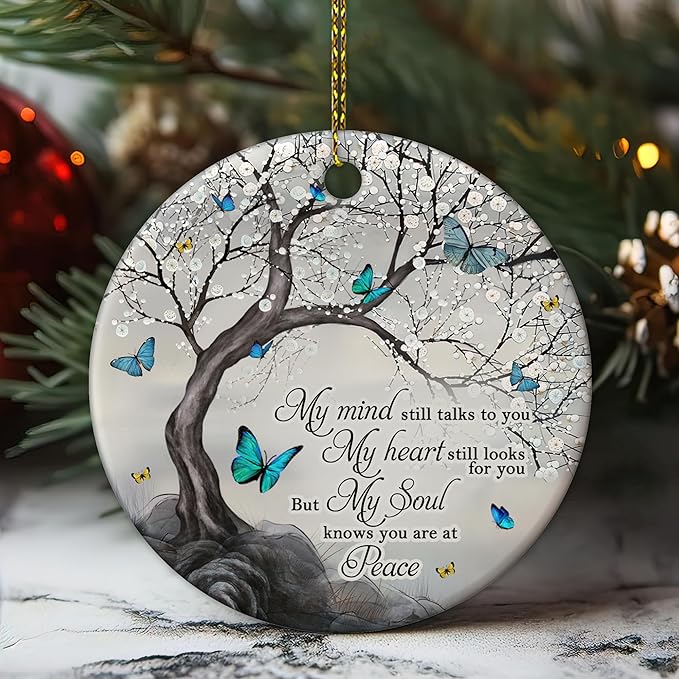 Hyturtle Butterfly Memorial Ornament - Remembrance Ceramic Keepsake with Tree and Quote - Sympathy Gift for Loss of Loved One - Bereavement Christmas Ornament - 3 Inch Memorial 4