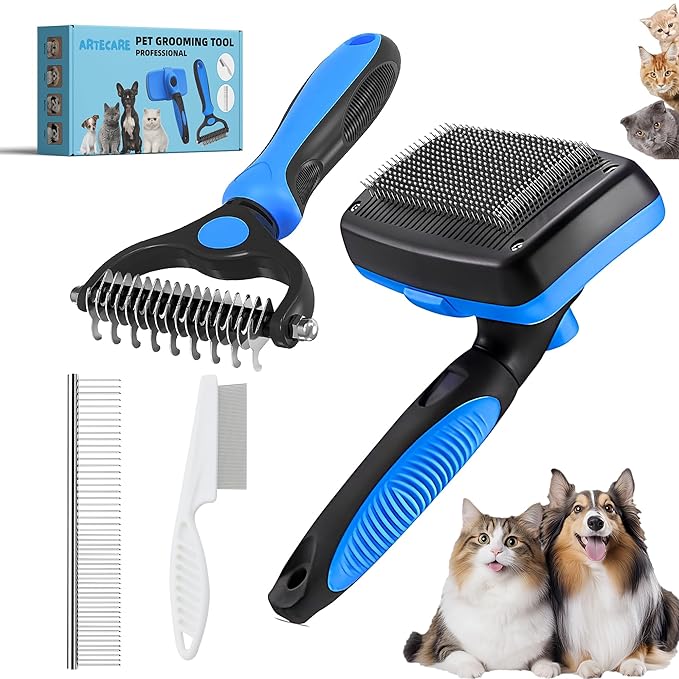 4 in 1 Skin Friendly Grooming kit including Dematting Rakes,Self Cleaning Slicker Brush,Deshedding Brush,Flea Comb for Haired cat Dog and Small Animals.