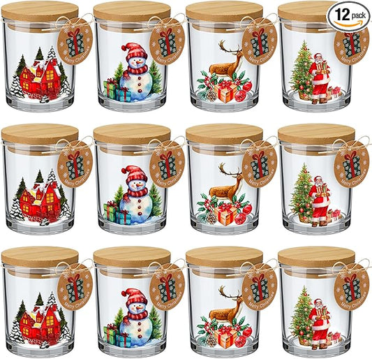 12 Pack Christmas Santa Claus Clear Candle Jars for Making Candles 7 oz Empty Glass Jars with Wood Lids and Blessing Card Snowman Candle Containers for DIY Gifts Home Tea Party Holiday Decor
