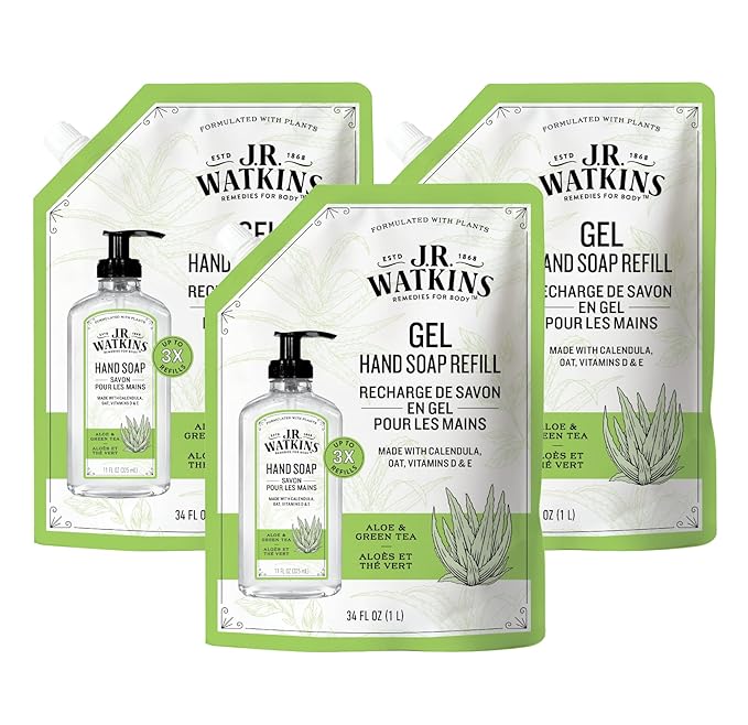 J.R. Watkins Gel Hand Soap Refill, Moisturizing Hand Wash, Alcohol-Free, Cruelty-Free, Aloe Green Tea, 34 Fl Oz, 3 Pack