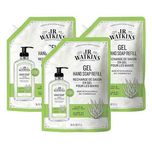 J.R. Watkins Gel Hand Soap Refill, Moisturizing Hand Wash, Alcohol-Free, Cruelty-Free, Aloe Green Tea, 34 Fl Oz, 3 Pack