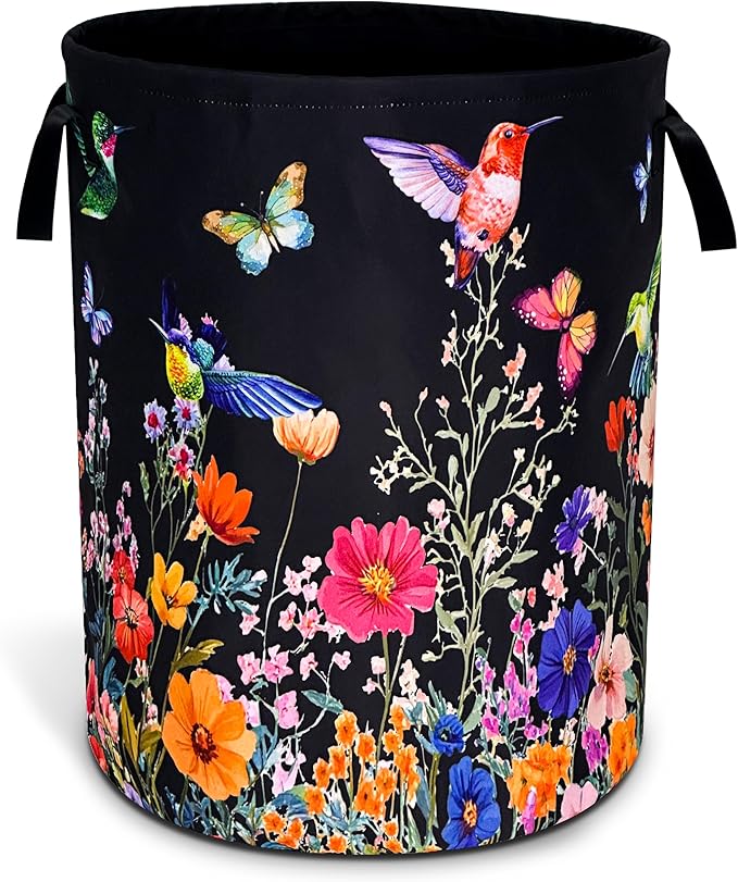 Hummingbird Flowers Laundry Basket Oxford Cloth Butterflies Laundry Hamper With Handle Foldable Portable Clothes Storage Basket 18.9 X 16.5 In Storage Bag For Laundry Room/Bathroom/Bedroom/Dormitories