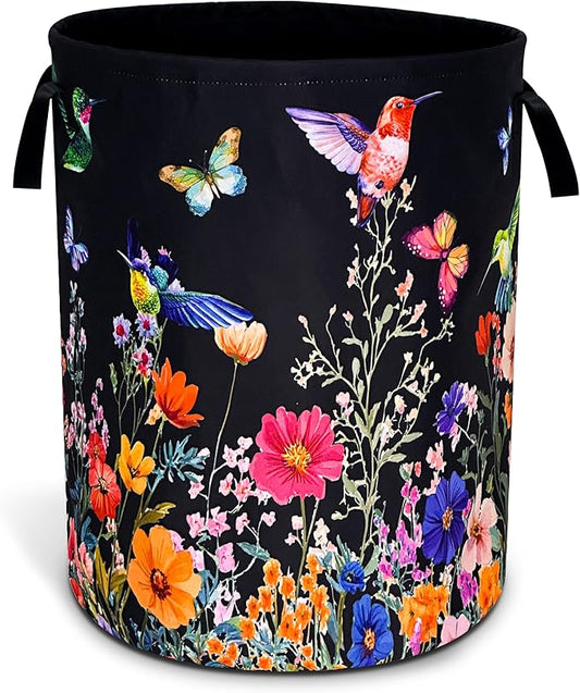 Hummingbird Flowers Laundry Basket Oxford Cloth Butterflies Laundry Hamper With Handle Foldable Portable Clothes Storage Basket 18.9 X 16.5 In Storage Bag For Laundry Room/Bathroom/Bedroom/Dormitories