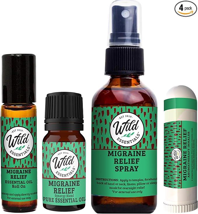Wild Essentials Migraine Relief Bundle – Roll-On, Nasal Inhaler, Spray & Diffuser Oil – Aromatherapy Blend for Comfort & Relaxation –USA Made