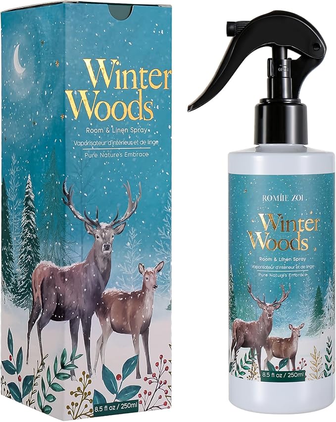 Romiie Zoi Christmas Linen & Room Air Freshener Spray Room Mist- Winter Woods Forest Green - Infused with Winter Woods Aroma- 250ml / 8.5 FL OZ.