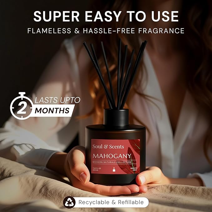 Soul & Scents Reed Diffuser Set – Mahogany | 7.43 oz Refillable Scented Oil with 6 Fiber Sticks | Long-Lasting Home Fragrance & Air Freshener for Bedroom, Bathroom, Office | Gift & Décor Piece