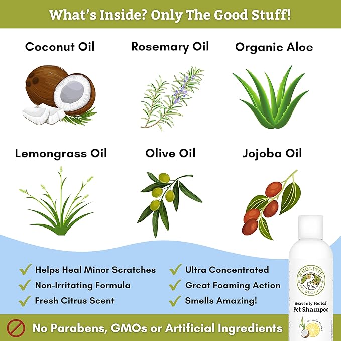 Wholistic Pet Organics Pet Shampoo Concentrate: Heavenly Herbal Organic Dog Shampoo and Conditioner - All Natural Puppy and Cat Shampoo for Dry, Itchy Skin, Allergies, Dandruff Shampoo - 2 oz