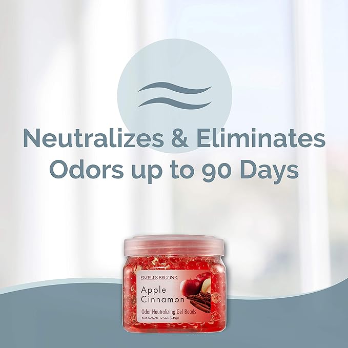 SMELLS BEGONE Odor Eliminator Gel Beads - Air Freshener - Eliminates Odor in Bathrooms, Cars, Boats, RVs and Pet Areas - Made with Essential Oils - Apple Cinnamon Scent - 12 Ounce