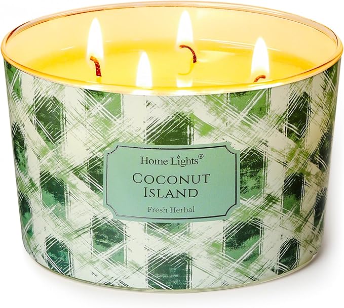HomeLights 4-Wick Candles for Home Scented - 18oz Soy Wax Blend Candle Long-Lasting Fragrance, Scandinavian Minimalist Design Home Decor and Housewarming Gifts, Coconut Island