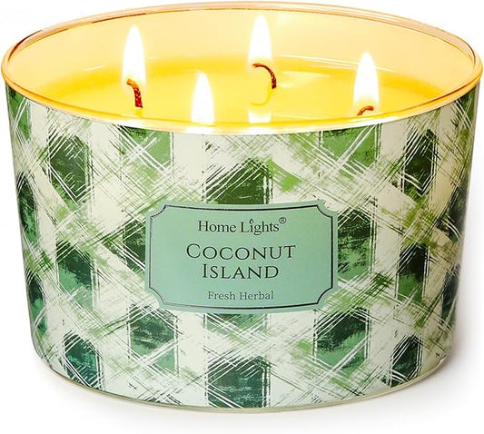 HomeLights 4-Wick Candles for Home Scented - 18oz Soy Wax Blend Candle Long-Lasting Fragrance, Scandinavian Minimalist Design Home Decor and Housewarming Gifts, Coconut Island