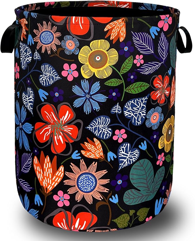 Abstract Colorful Flowers Laundry Hamper Pretty Floral Laundry Basket With Handles Foldable Oxford Cloth Tote Bag Clothes Toy Storage Bucket 18.9" x 16.5" For Bathroom/Laundry/Bedroom