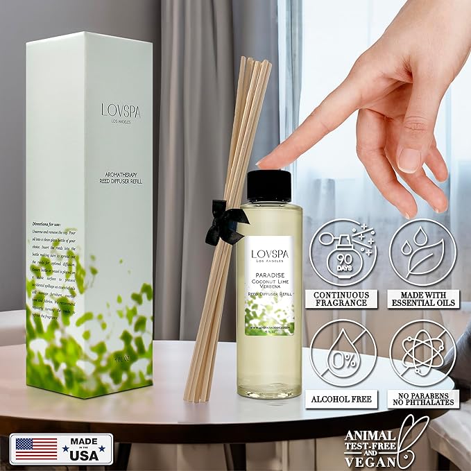LOVSPA Paradise Coconut Lime Verbena Diffuser Oil - Luxury Essential Oils for Diffuser Refill & Air Freshener Room Spray - Long-Lasting Home Fragrance, Scented Oil for Diffusers, USA Made, 4oz
