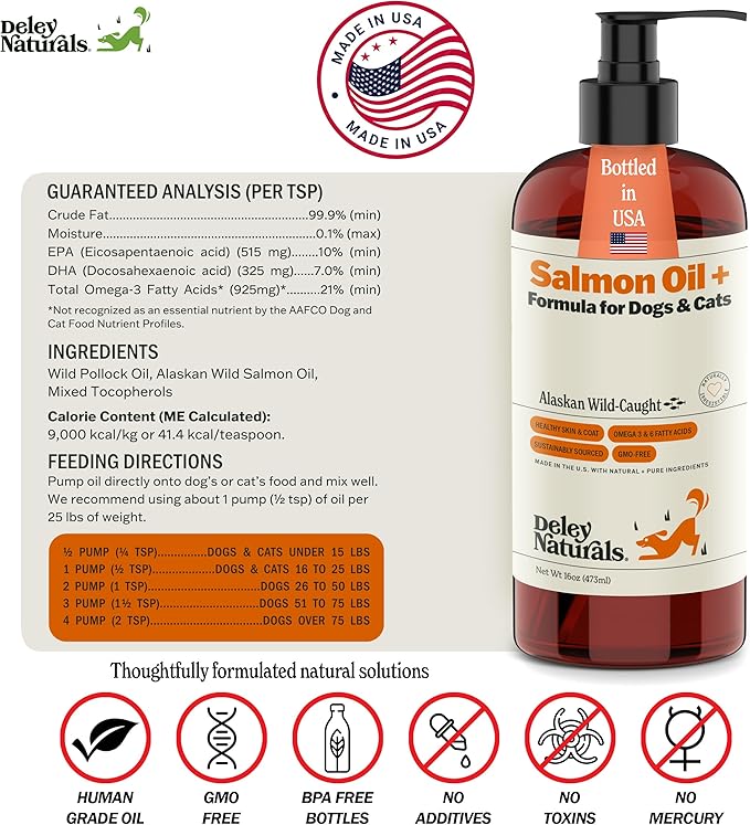 Deley Naturals Wild Alaskan Salmon Oil for Dogs - New & Improved Salmon Oil Plus Formula - Fish Oil for Dogs with DHA EPA Omega 3 & 6 Fatty Acids - Omega 3 Fish Oil for Skin & Coat - 16oz Made in USA