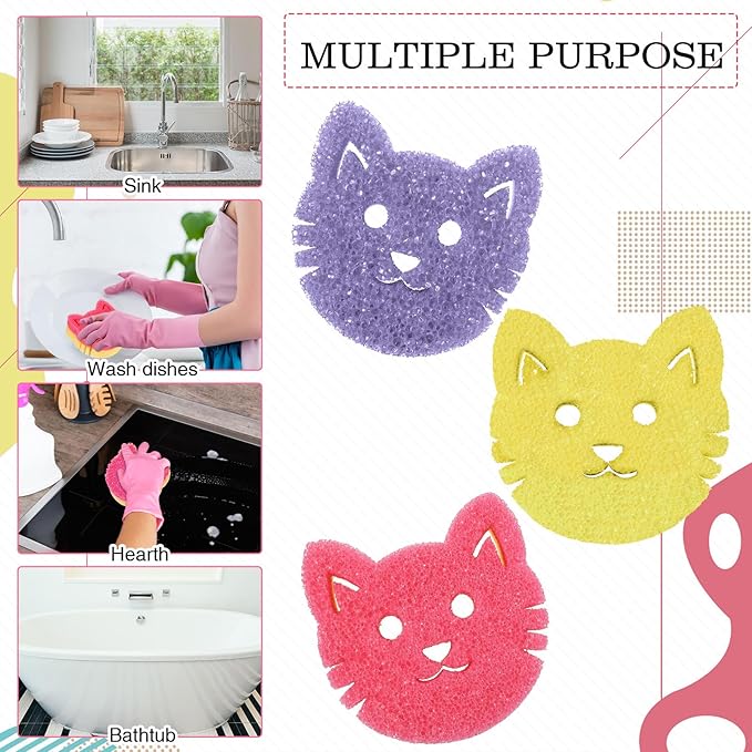 3 Pcs Dual Sided Scrub Sponge Multi Functional Cute Temperature Sensitive Non Scratch Dish Sponge for Washing Dishes Kitchen Bathroom(Cat,Pink, Yellow, Purple)