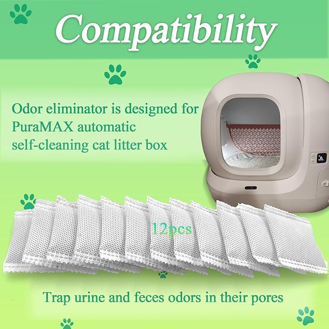 12 Pack Odor Eliminator for PuraMax Self-Cleaning Cat Litter Box, Natural Activated Charcoal Filters Refills, Cat Toilet Odor Control Replacement for Automatic Litter Box