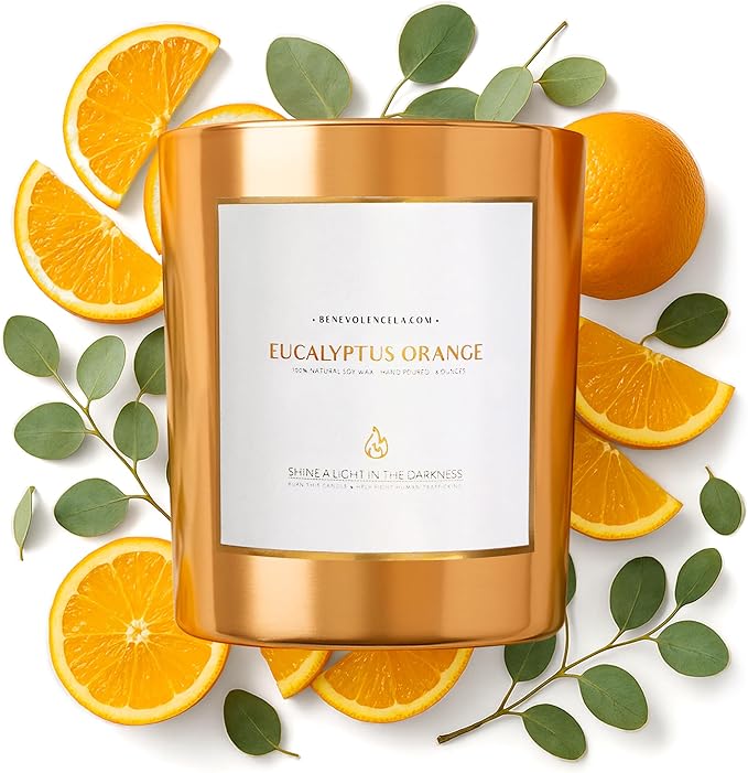 Benevolence LA Eucalyptus Orange Wood Wick Candles | Soy Scented Candles for Home | Gifts for Women and Men | Home Fragrance | Aromatherapy | Shelf Decor, Bathroom Freshener | 8oz, 45 Hour Burn