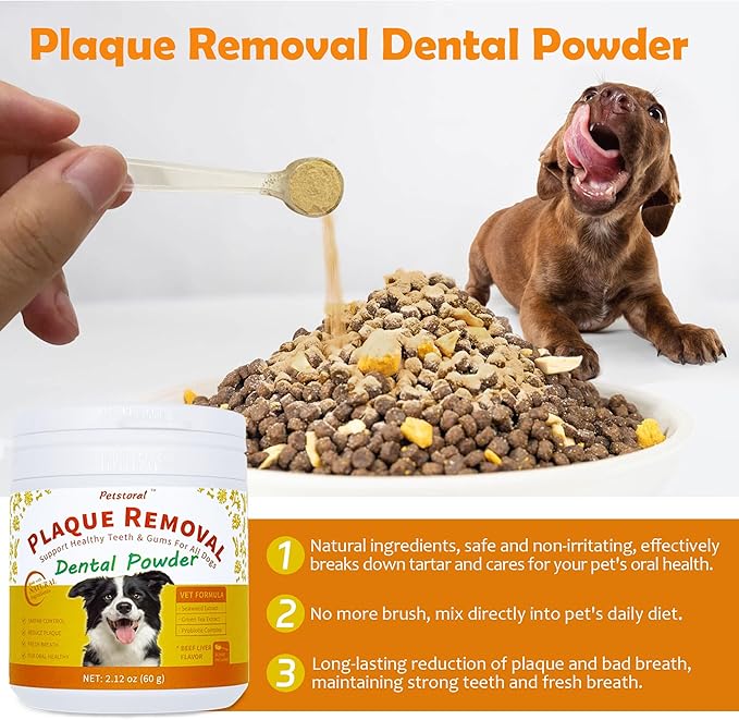 Dental Cleaning Kit, Dental Care Wipes to Clean Plaque on The Surface of The Teeth, Beef Liver Flavour Dental Powder with Probiotic to Solve Oral Problems from The Inside of Digestion