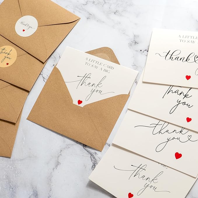100 Bulk Thank You Cards with Kraft Envelopes and Stickers - 4 Minimalistic Designs Blank Thank You Notes with Envelopes and Heart for Business Wedding Bridal Gift Baby Shower Business Graduation