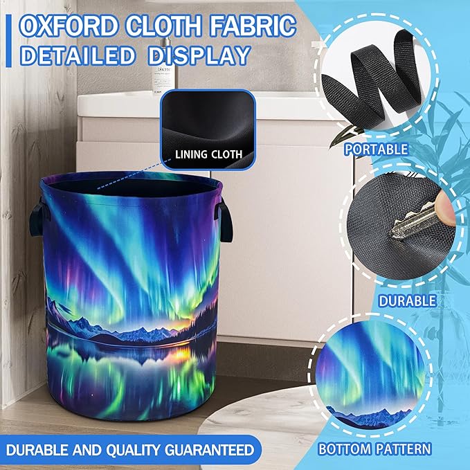 Aurora Laundry Basket Oxford Cloth Northern Lights Laundry Hamper With Handle Foldable Portable Clothes Storage Basket 18.9 X 16.5 In Storage Bag For Laundry Room/Bathroom/Bedroom/Dormitories