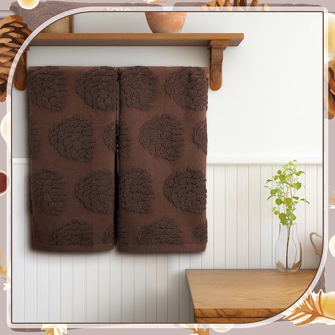 2 Pcs 3D Pine Cones Hand Towels for Bathroom Decor, Chocolate Brown Christmas Pinecone 100% Cotton Absorbent Jacquard Weave Decorative Towels for Bathroom Kitchen, 13.7 x 29.5 Inch