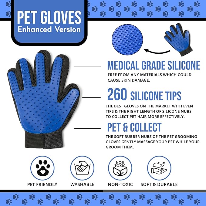 Pet Grooming Glove & Dog Bath Brush Set – Deshedding Gloves for Cats & Dogs + Silicone Scrubber – Grooming Mitts for Bath, Shedding & Massage – Blue