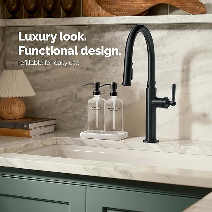 Vine Creations Glass Soap Dispenser Set, Kitchen Soap Dispenser Set with Ceramic Tray, 16 oz Dish Soap and Hand Soap Dispensers with Stainless Steel Pump Decor (Clear Bottle/Matte Black)