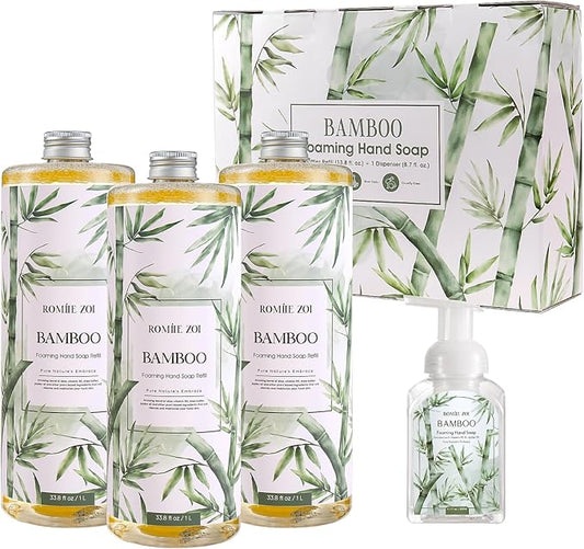 ROMIIE ZOI Foaming Hand Soap Refill Gift Set – 3 Pack (1000ML Each) with Dispenser – Bamboo Scent – Gentle & Moisturizing Plant-Based Formula – Bulk Refill Bottles for Bathroom & Kitchen Use