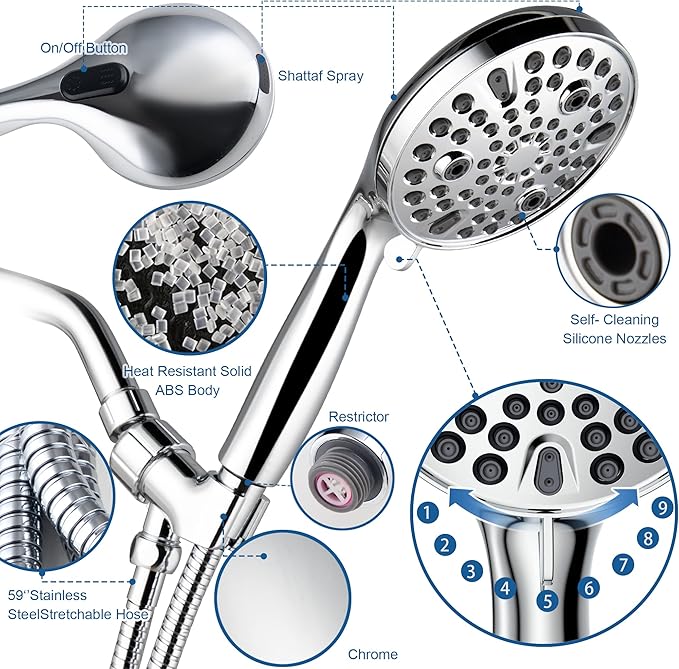 High Pressure Handheld Shower Head, 10-Setting Showerhead, 4.7”Detachable Showerhead Set with 5ft Hose, Adjustable Bracket and Built-in Power Wash to Clean Tub, Tile & Pets - Polished Chrome